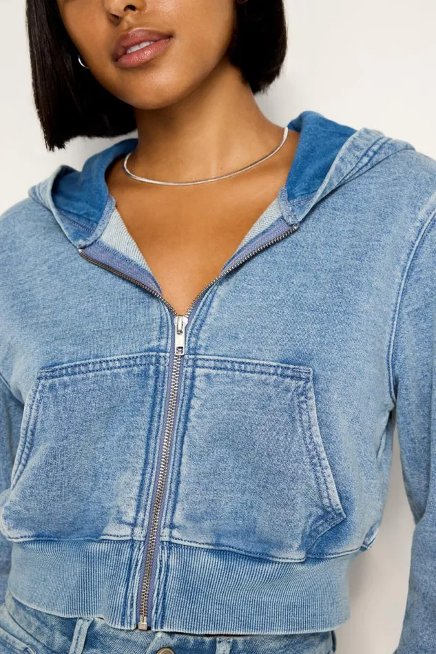 Women GOOD AMERICAN Tops JEANIUS CROPPED ZIPHOODIE Indigo586