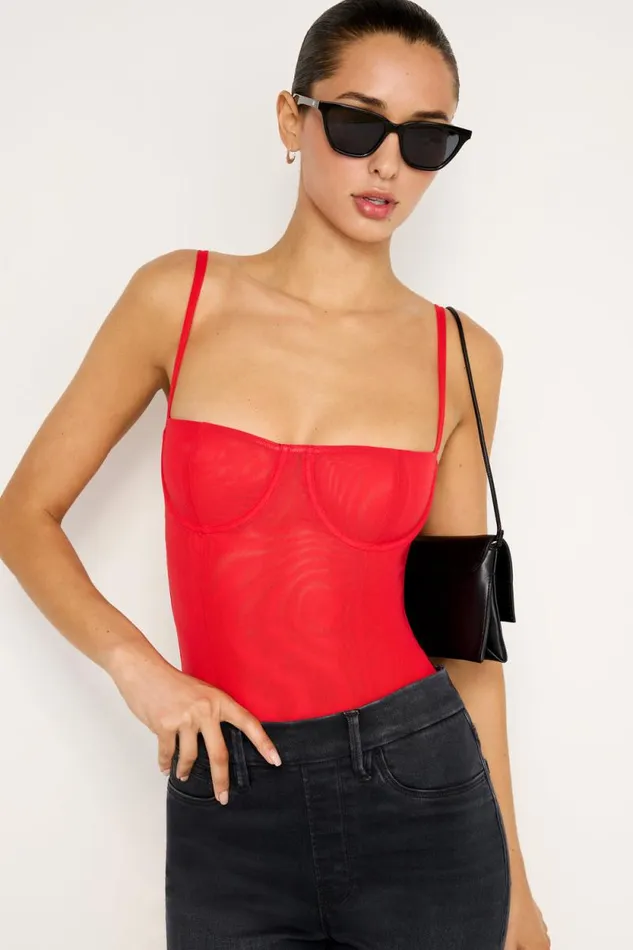 Women GOOD AMERICAN Tops MESH BUSTIERBODYSUIT Grenadine003