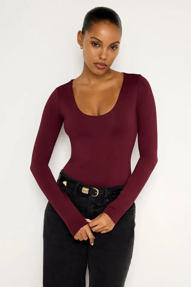Women GOOD AMERICAN Tops SCUBA SCOOP NECKBODYSUIT Oxblood002
