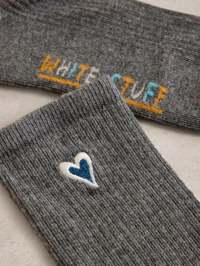 Women Heart Embroidered Ankle Sock Dk Grey White Stuff Socks