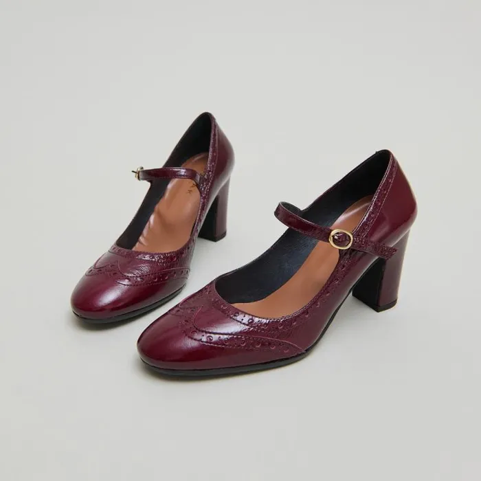 Women Heeled Mary Jane And Perforated Details Burgundy JONAK Babies Saloms