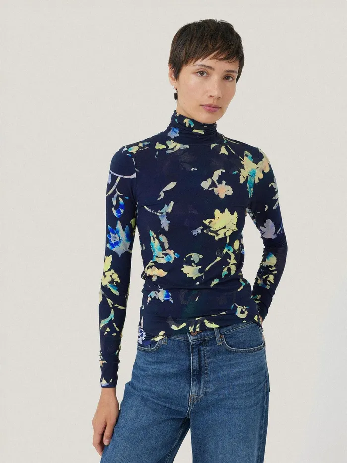 Women Hidden Floral Jersey Polo Navy Jigsaw Shirts and Tops