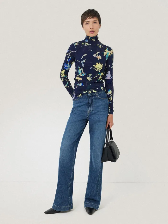 Women Hidden Floral Jersey Polo Navy Jigsaw Shirts and Tops