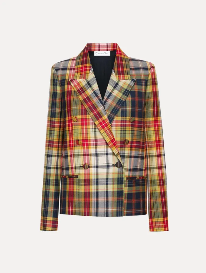 Women Jackets and Coats Oscar De La Renta Double Breasted Plaid Jacket Navy Multi
