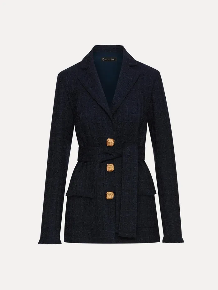 Women Jackets and Coats Oscar De La Renta SelfSash Tweed Jacket Navy