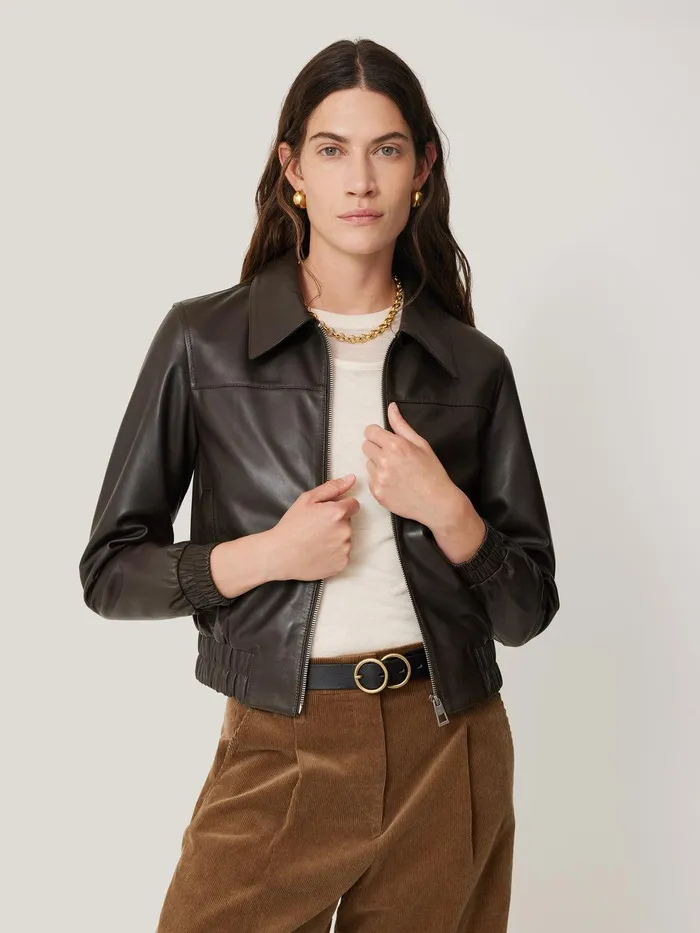Women Leather Zip Front Biker Dark Olive Jigsaw Coats and Jackets