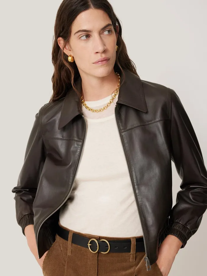 Women Leather Zip Front Biker Dark Olive Jigsaw Coats and Jackets