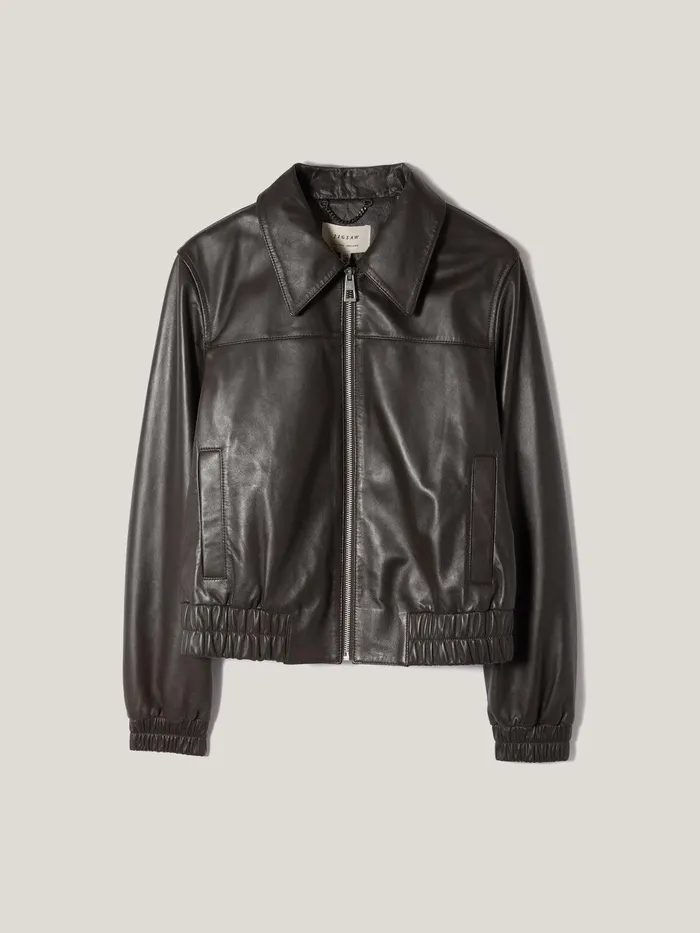 Women Leather Zip Front Biker Dark Olive Jigsaw Coats and Jackets