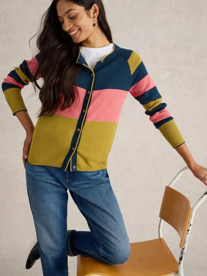 Women LULU STRIPE CREW CARDI Chartreuse Multi White Stuff Knitwear