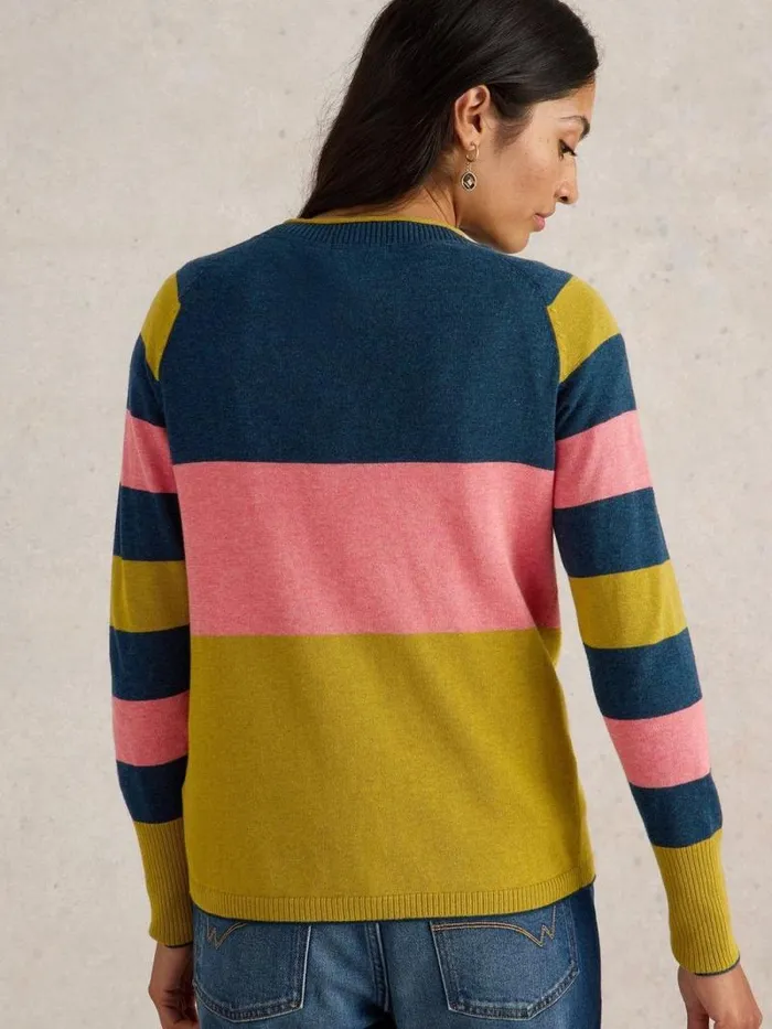 Women LULU STRIPE CREW CARDI Chartreuse Multi White Stuff Knitwear Women LULU STRIPE CREW CARDI Chartreuse Multi White Stuff Knitwear