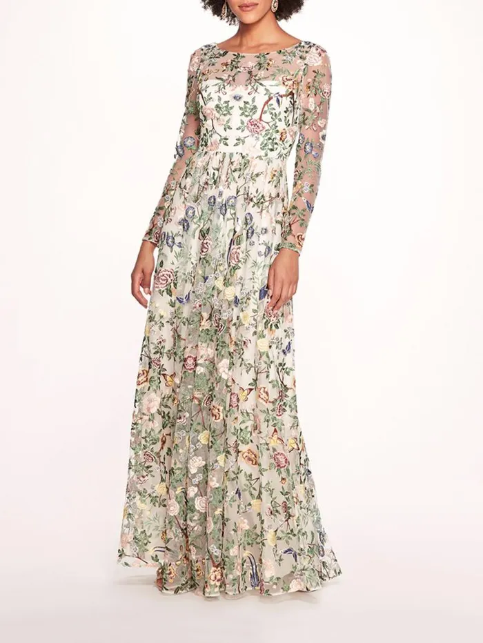 Women Marchesa Marchesa Notte Botanical Embroidered Gown Ivory Multi