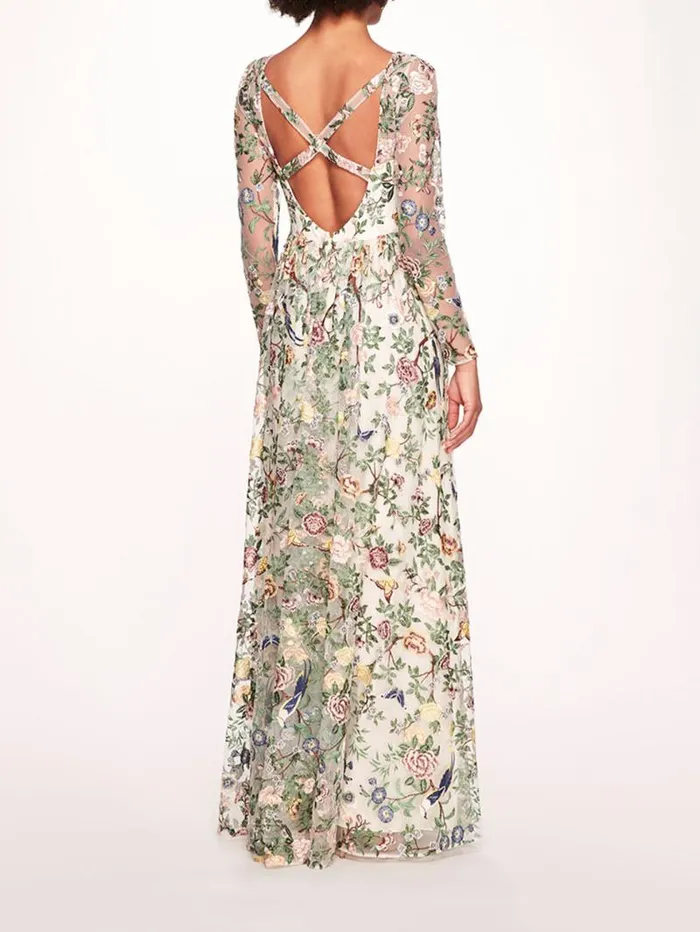Women Marchesa Marchesa Notte Botanical Embroidered Gown Ivory Multi