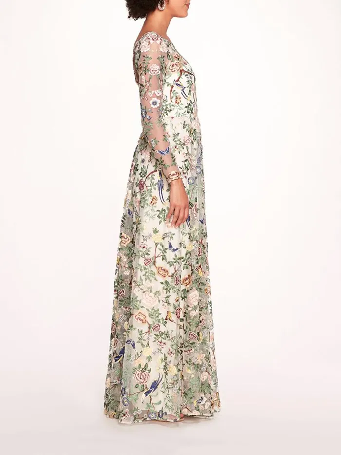 Women Marchesa Marchesa Notte Botanical Embroidered Gown Ivory Multi