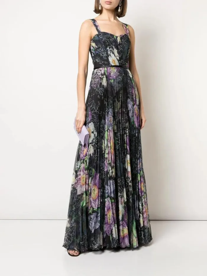 Women Marchesa Marchesa Notte Floral Print Pleated Gown Black