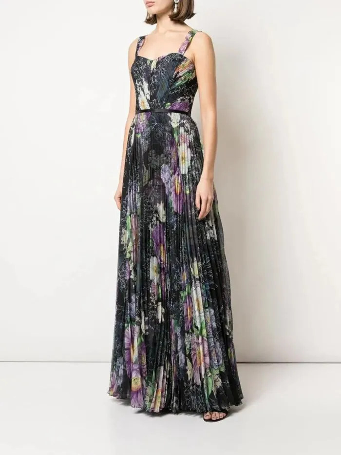 Women Marchesa Marchesa Notte Floral Print Pleated Gown Black