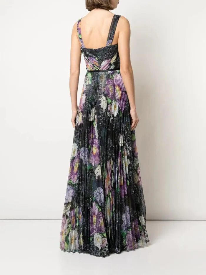 Women Marchesa Marchesa Notte Floral Print Pleated Gown Black