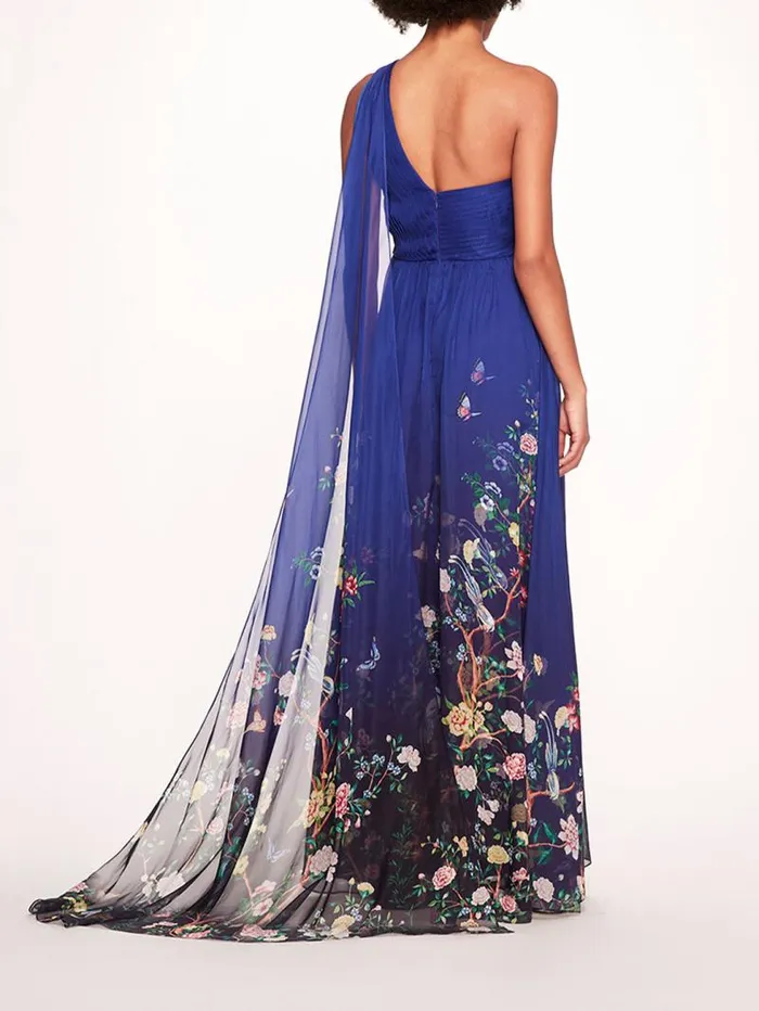 Women Marchesa Marchesa Notte Flowering One Shoulder Gown Indigo Multi