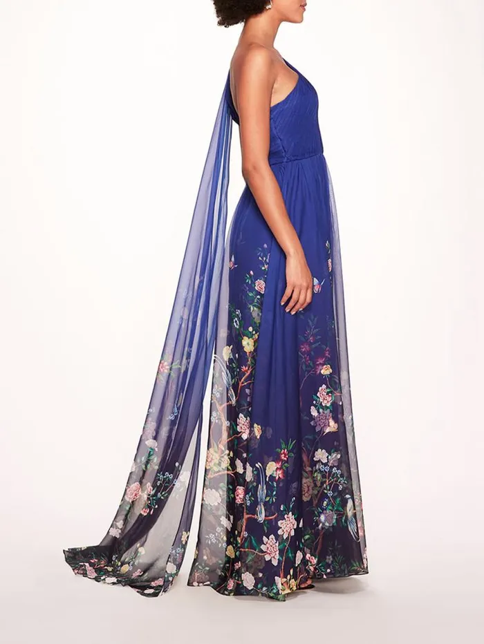 Women Marchesa Marchesa Notte Flowering One Shoulder Gown Indigo Multi