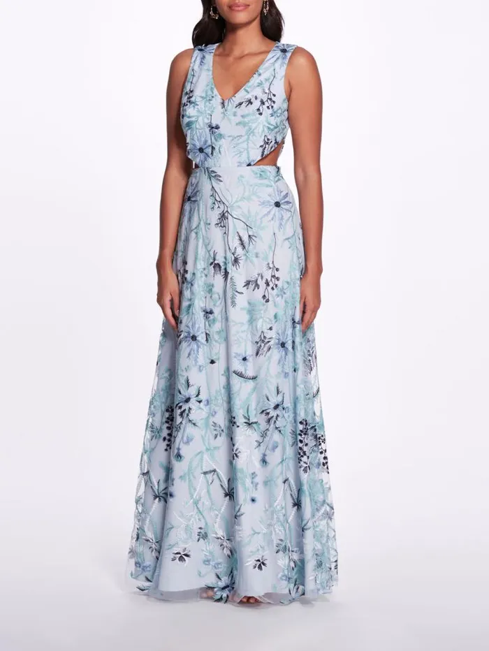 Women Marchesa Marchesa Notte Keyhole Back Floral Gown Slate Blue