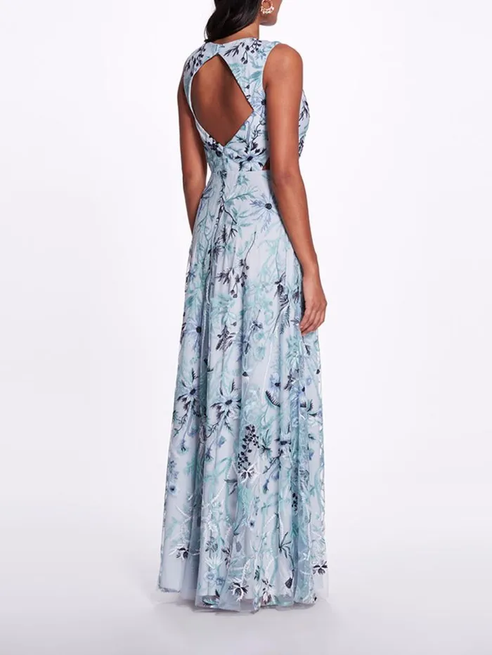 Women Marchesa Marchesa Notte Keyhole Back Floral Gown Slate Blue