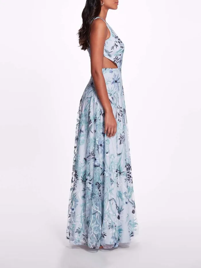 Women Marchesa Marchesa Notte Keyhole Back Floral Gown Slate Blue