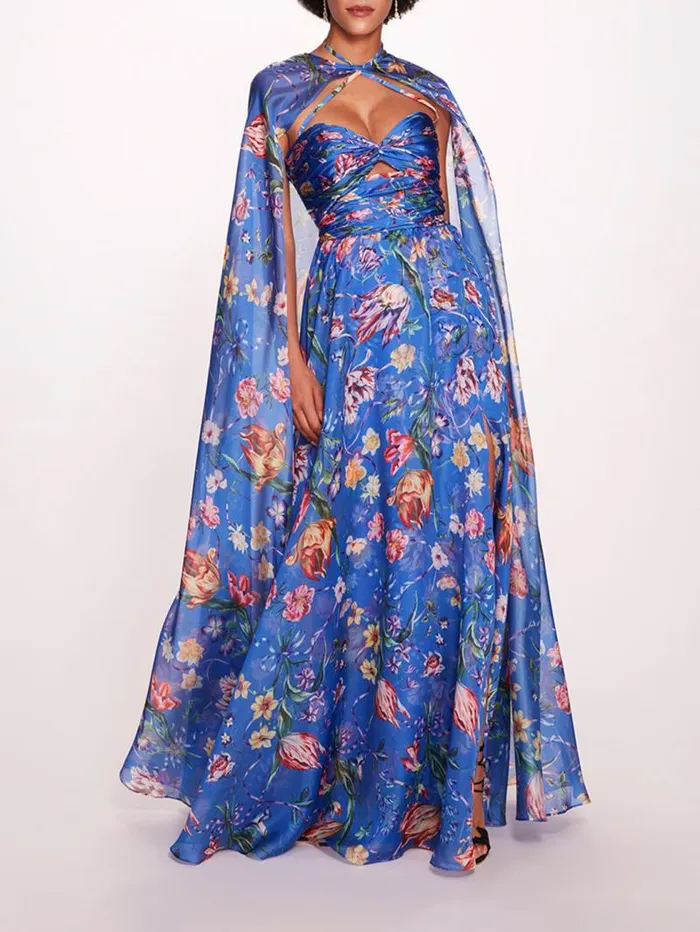 Women Marchesa Marchesa Notte Ribbons Cape Gown Blue