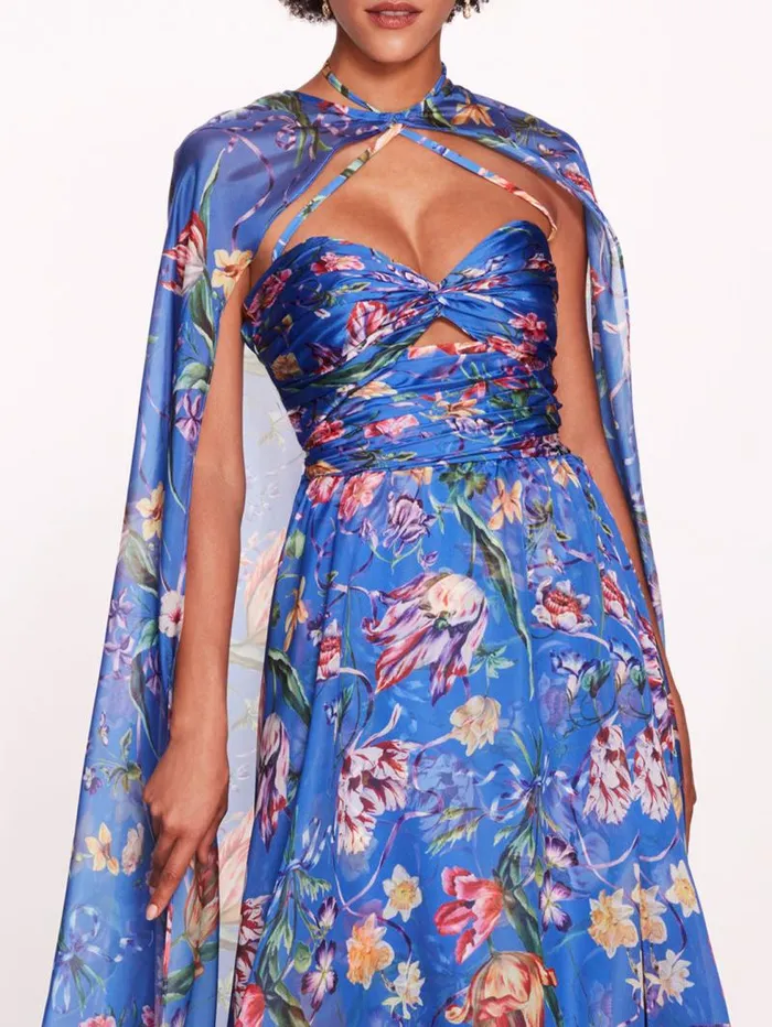 Women Marchesa Marchesa Notte Ribbons Cape Gown Blue