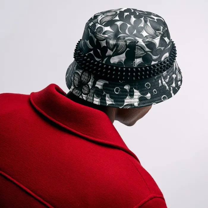 WomenMen Bobino Spikes Bucket Hat 8211 Petunia Printed Cotton And Spikes 8211 Black Christian Louboutin Hats