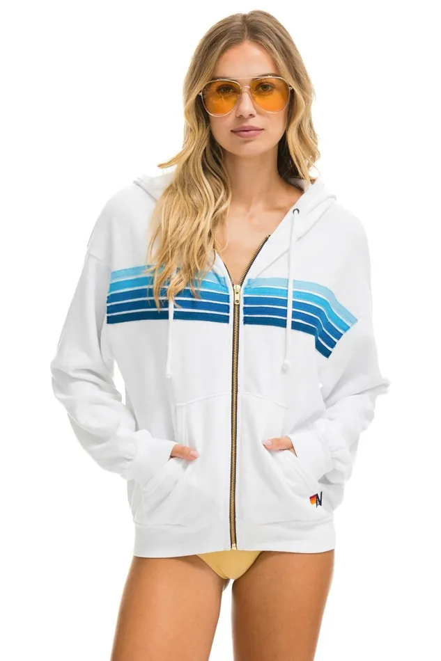 WomenMen Tops Aviator Nation 5 STRIPE RELAXED ZIP HOODIE 8211 WHITE BLUE WomenMen Tops Aviator Nation 5 STRIPE RELAXED ZIP HOODIE 8211 WHITE BLUE