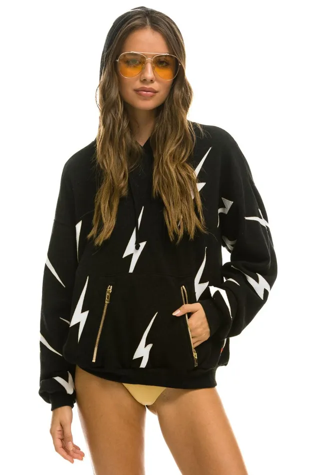 WomenMen Tops Aviator Nation BOLT STITCH REPEAT RELAXED PULLOVER HOODIE WITH POCKET ZIPPERS 8211 BLACK WHITE