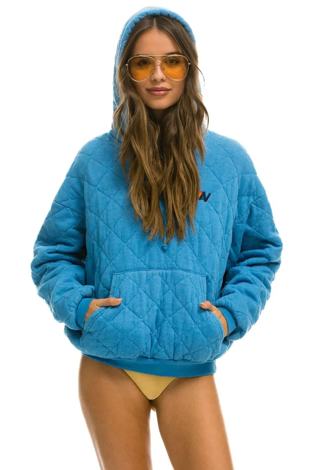 WomenMen Tops Aviator Nation QUILTED RELAXED PULLOVER HOODIE 8211 OCEAN WomenMen Tops Aviator Nation QUILTED RELAXED PULLOVER HOODIE 8211 OCEAN