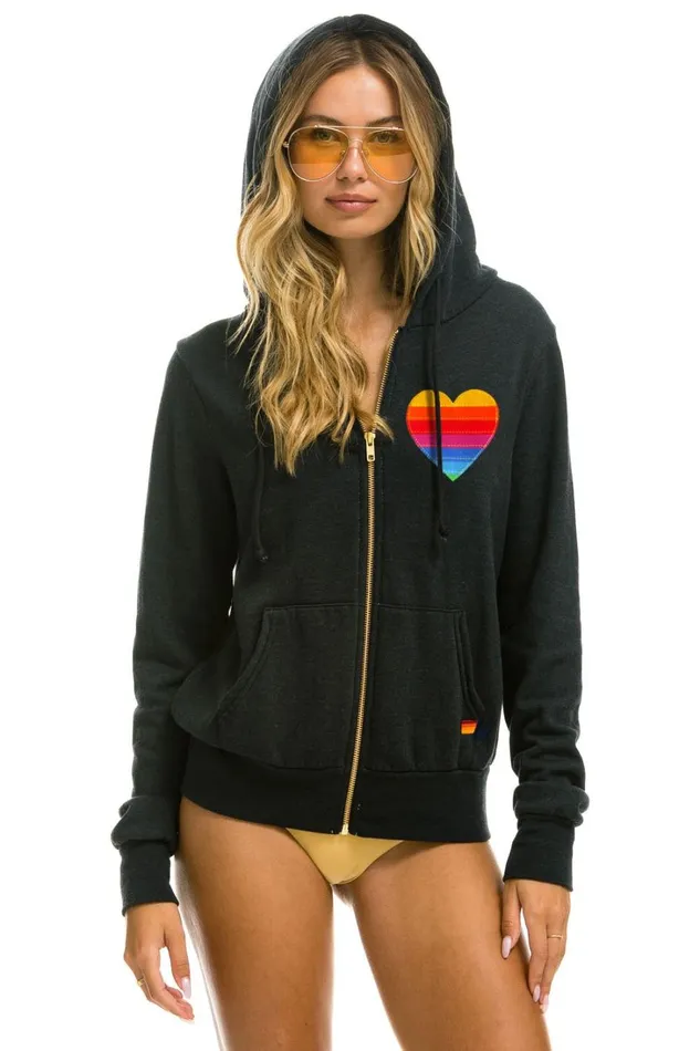 WomenMen Tops Aviator Nation RAINBOW HEART STITCH ZIP HOODIE 8211 CHARCOAL