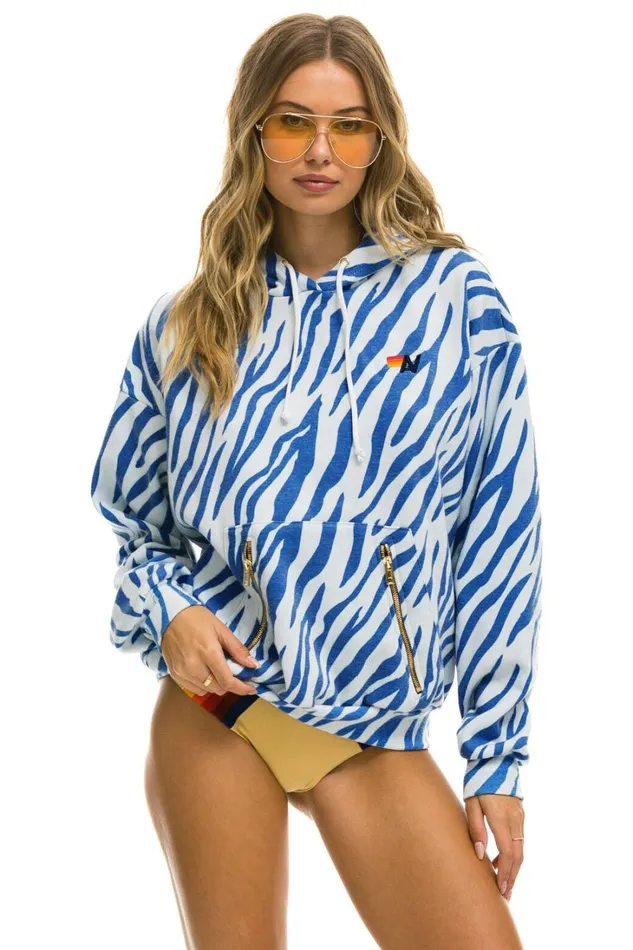 WomenMen Tops Aviator Nation TIGER RELAXED PULLOVER HOODIE WITH ZIPPER POCKETS 8211 BLUE TIGER