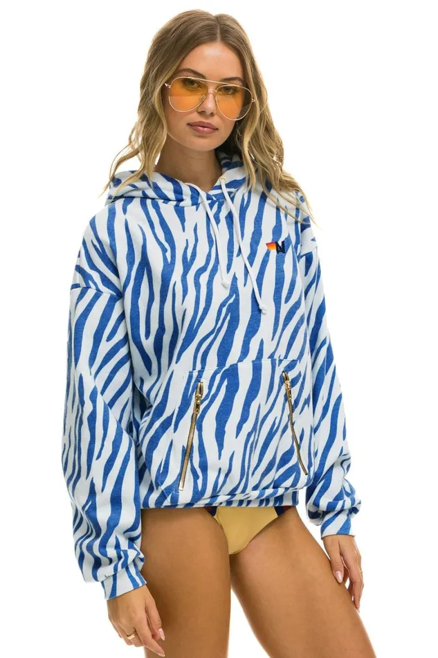 WomenMen Tops Aviator Nation TIGER RELAXED PULLOVER HOODIE WITH ZIPPER POCKETS 8211 BLUE TIGER WomenMen Tops Aviator Nation TIGER RELAXED PULLOVER HOODIE WITH ZIPPER POCKETS 8211 BLUE TIGER