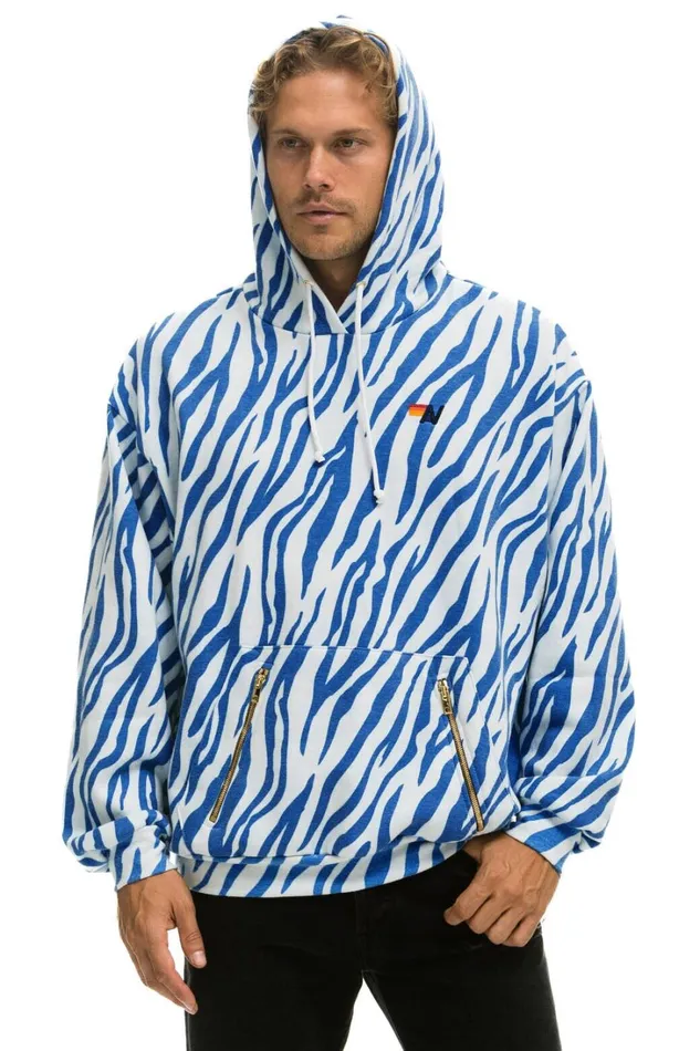 WomenMen Tops Aviator Nation TIGER RELAXED PULLOVER HOODIE WITH ZIPPER POCKETS 8211 BLUE TIGER WomenMen Tops Aviator Nation TIGER RELAXED PULLOVER HOODIE WITH ZIPPER POCKETS 8211 BLUE TIGER