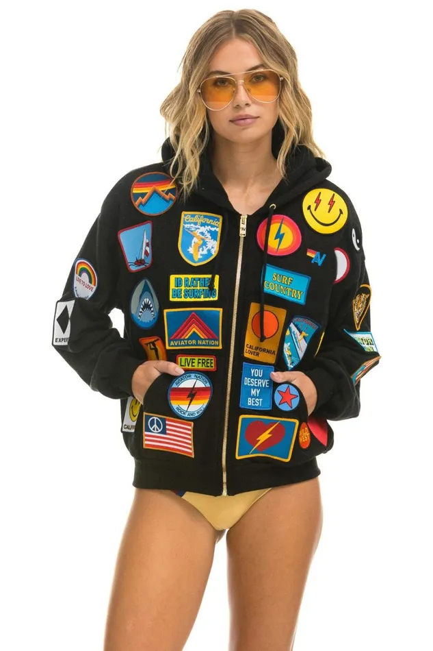 WomenMen Tops Aviator Nation VINTAGE PATCH ZIP HOODIE RELAXED 8211 BLACK