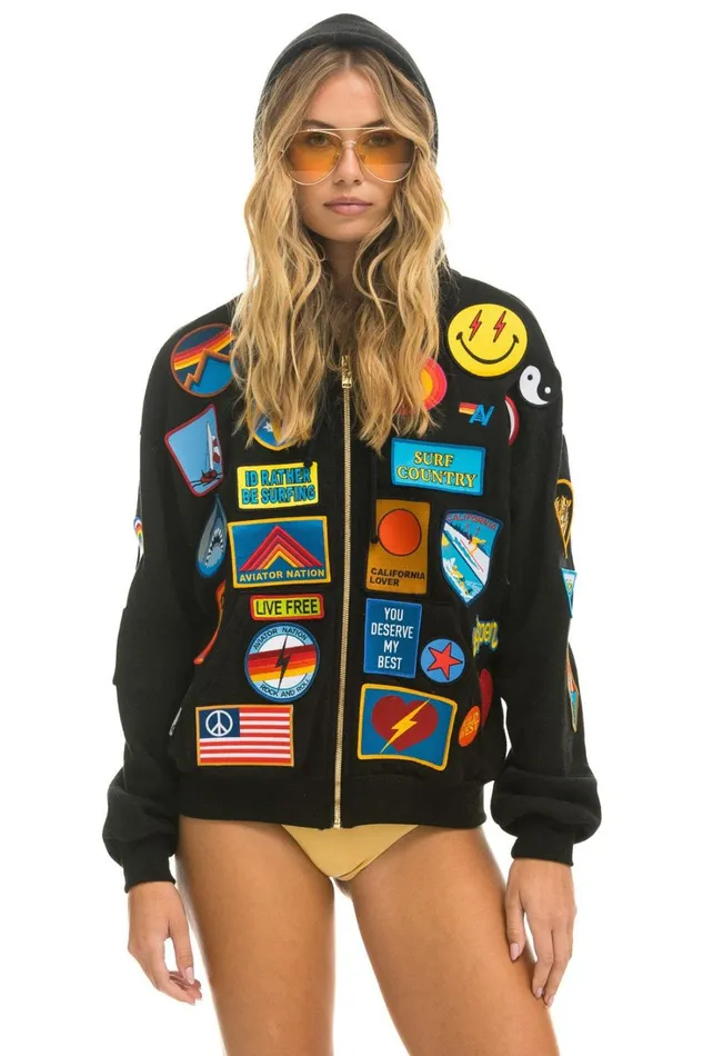 WomenMen Tops Aviator Nation VINTAGE PATCH ZIP HOODIE RELAXED 8211 BLACK WomenMen Tops Aviator Nation VINTAGE PATCH ZIP HOODIE RELAXED 8211 BLACK