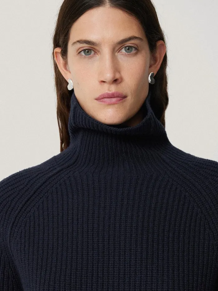 Women Merino Fishermans Rib Jumper Navy Jigsaw Knitwear and Cashmere