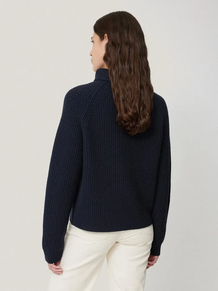 Women Merino Fishermans Rib Jumper Navy Jigsaw Knitwear and Cashmere