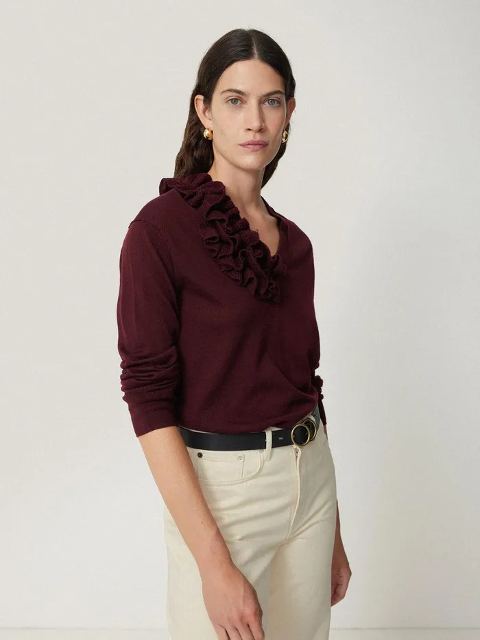 Women Merino Ruffle V Neck Jumper Burgundy Jigsaw Party