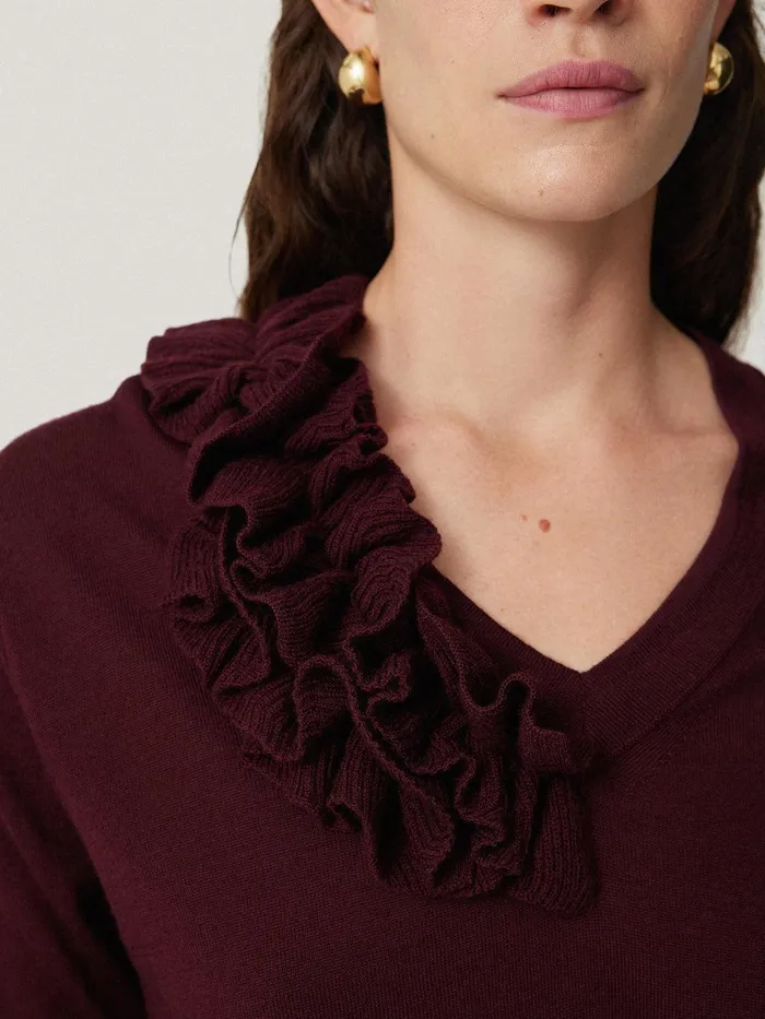 Women Merino Ruffle V Neck Jumper Burgundy Jigsaw Party