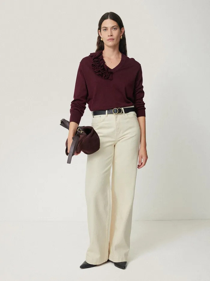 Women Merino Ruffle V Neck Jumper Burgundy Jigsaw Party