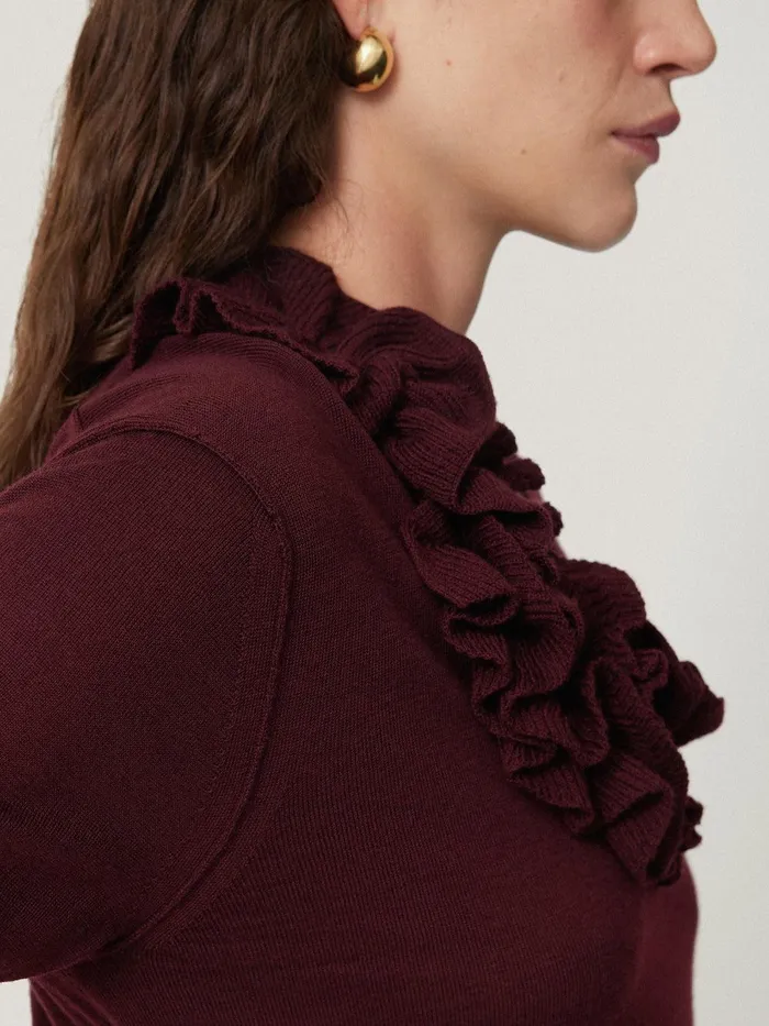 Women Merino Ruffle V Neck Jumper Burgundy Jigsaw Party