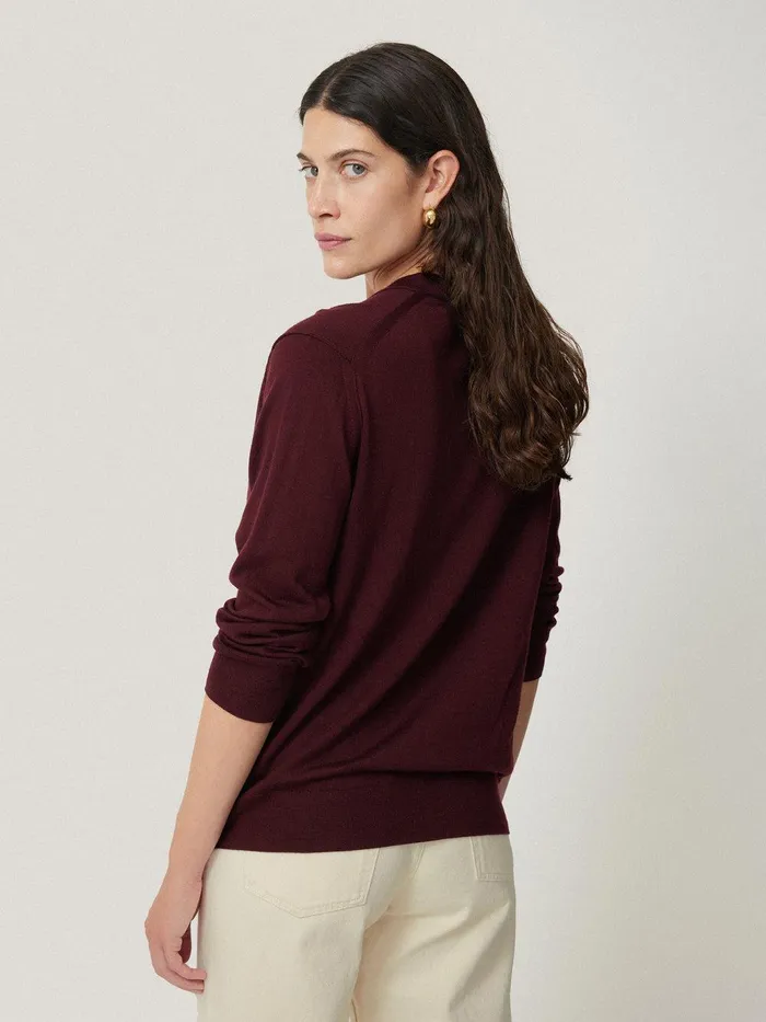 Women Merino Ruffle V Neck Jumper Burgundy Jigsaw Party