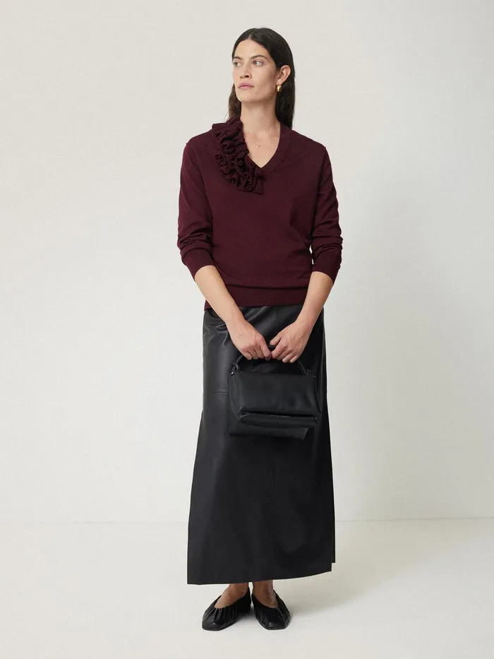 Women Merino Ruffle V Neck Jumper Burgundy Jigsaw Party