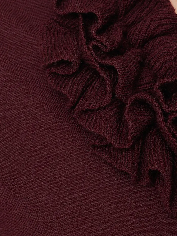 Women Merino Ruffle V Neck Jumper Burgundy Jigsaw Party