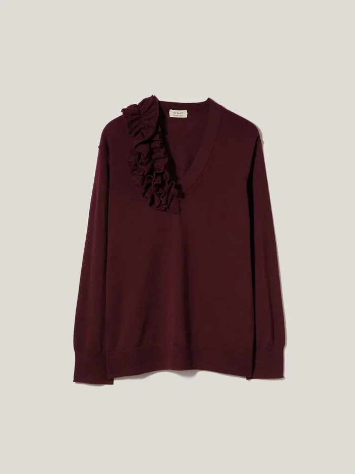 Women Merino Ruffle V Neck Jumper Burgundy Jigsaw Party
