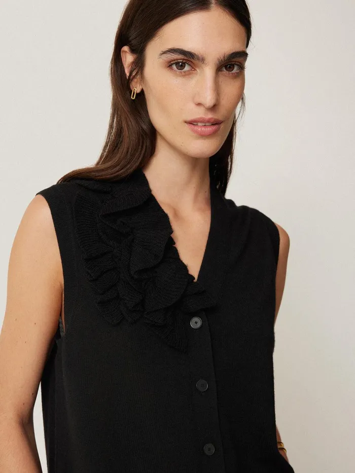 Women Merino Ruffle Waistcoat Black Jigsaw Knitwear and Cashmere