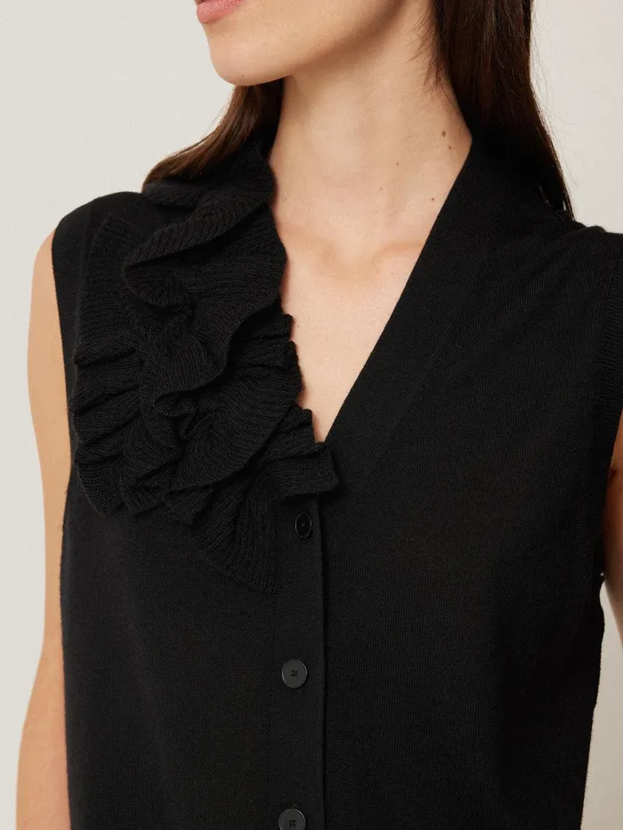 Women Merino Ruffle Waistcoat Black Jigsaw Knitwear and Cashmere