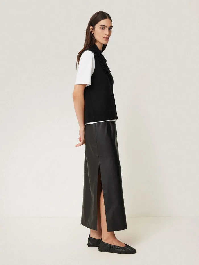 Women Merino Ruffle Waistcoat Black Jigsaw Knitwear and Cashmere